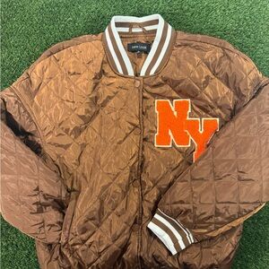 New Look Brown Bomber Jacket with Orange NY Patch